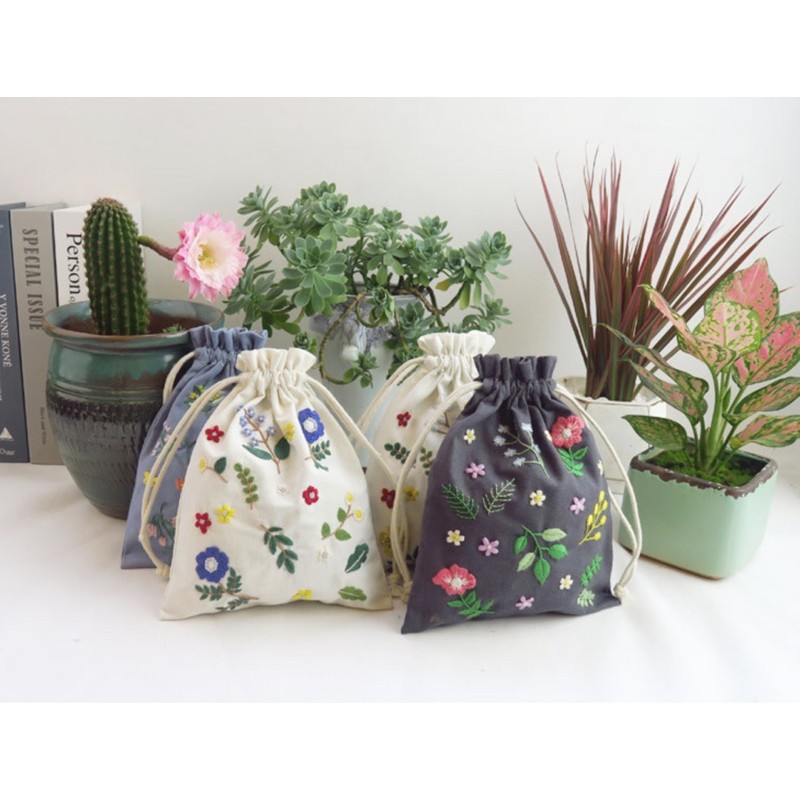 Bộ kit nguyên liệu túi thêu dây rút hoa lá vintage tự thêu đầy đủ handmade sinh viên decor nhà cửa Lenmade