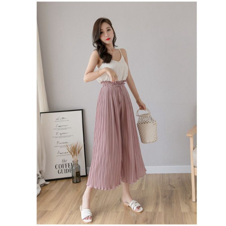 Quần ống rộng dập ly chất voan dày bản chun to thiết kế dáng dài và dáng lỡ