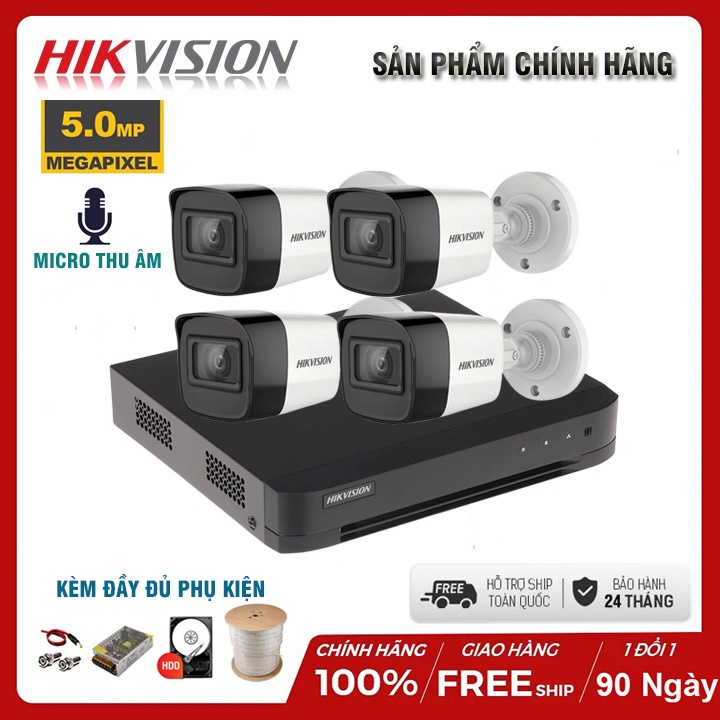 Bộ Camera Giám sát HIKVISION 5.0MP CÓ MIC, HIVIZ PRO 5.0MP, Kèm HDD 500GB/1T/2TB & đầy dủ phụ kiện tự lắp đặt