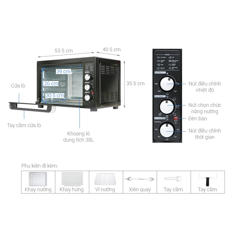 Lò nướng Midea MEO-38AGY8 38 lít nướng thịt cá, nướng bánh, quay gà vịt