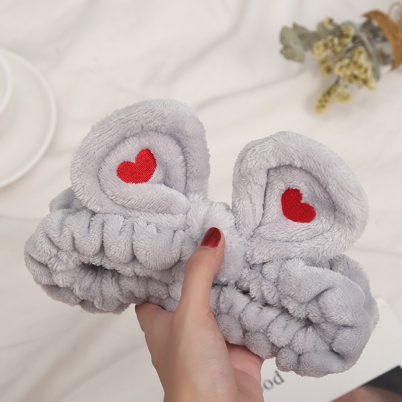 Băng đô vải lông thắt nơ thêu hình trái tim xinh xắn cho nữ khi rửa mặt/tập yoga