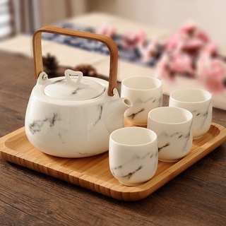 Bộ Ấm Chén Bằng Sứ Hoa Văn Đa Cẩm Thạch Phong Cách Hàn Quốc Quai Tre Thủ Công