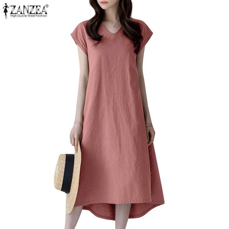 Đầm Zanzea ngắn tay cổ chữ v form rộng phong cách cổ điển thanh lịch dành cho nữ