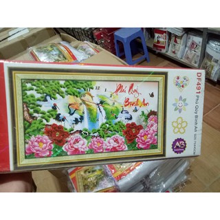 tranh đính đá hoa mẫu đơn chim hạc đòng hồ thư pháp phú quý bình an kt 75x45cm