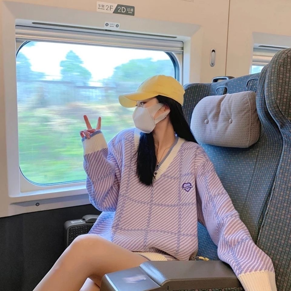 【Yuki】Áo len Màu tím cổ chữ V thu đông 2021