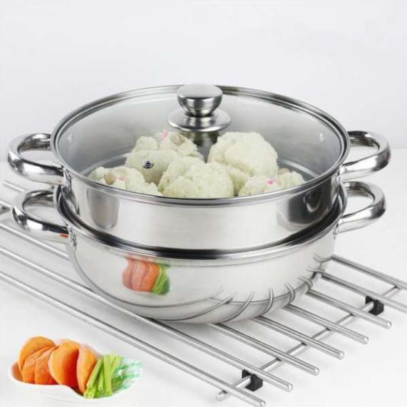 Nồi Hấp Thực Phẩm 2 Tầng⚡FREE SHIP⚡ 28Cm, nồi hấp đa năng, Chất liệu inox siêu bền bỉ, Vung Kính Dùng Được Cho Bếp Từ