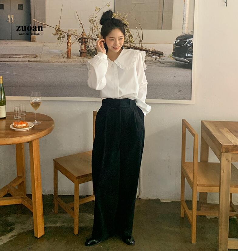 SUXI Áo Sơ Mi Trắng Cổ Bèo Dáng Rộng Phong Cách Hàn Quốc Cho Nữ