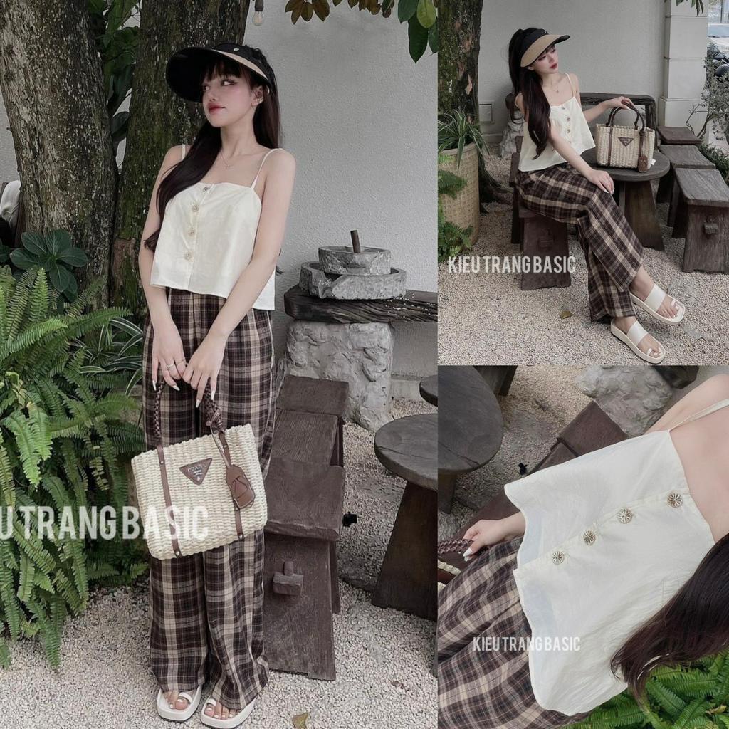 Set bộ đồ nữ 2 dây mix quần ống rộng sọc caro đơn giản, cá tính dành cho các nàng diện đi chơi xinh xắn