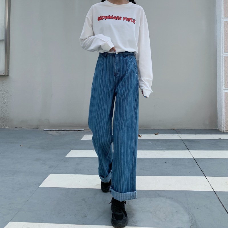 Quần jean ống suông rộng eo cao in kẻ sọc phong cách thu đông 2020 cổ điển cho nữ | BigBuy360 - bigbuy360.vn
