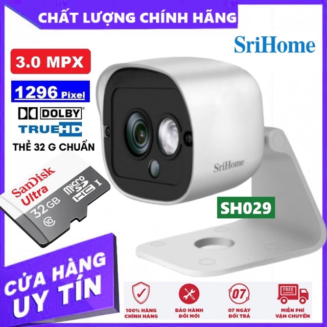 Camera SriHome SH029 NEW - 3MP 1296 Pixel - Kết nối wifi - Cảm biến hồng ngoại - Chống Nước