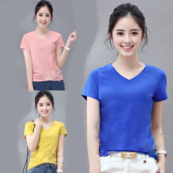 Áo phông nữ cổ tim cotton co giãn 4 chiều màu siêu đẹp