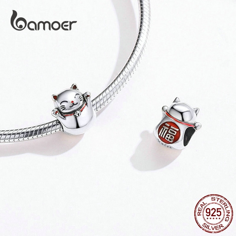 Hạt charm Bamoer bằng bạc 925 hình mèo may mắn trang trí vòng tay