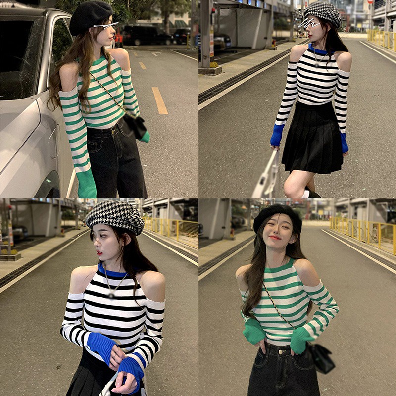 Áo Thun Dệt Kim Tay Dài Hở Vai Kẻ Sọc Màu Tương Phản Thời Trang Hàn Quốc Cho Nữ