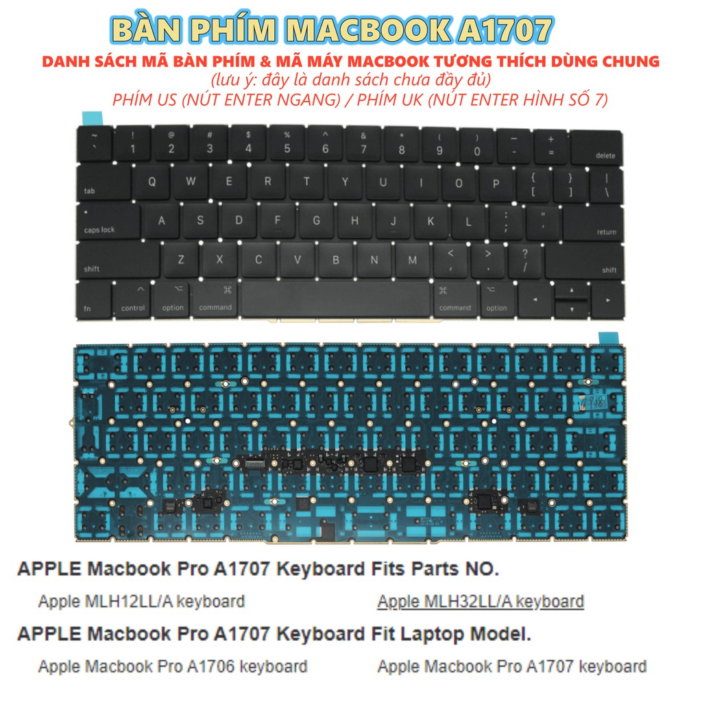 (KEYBOARD) BÀN PHÍM LAPTOP MACBOOK A1707 (US) dùng cho Pro Retina 13&quot; 15&quot; A1706 A1707 (Late 2016 Mid 2017)