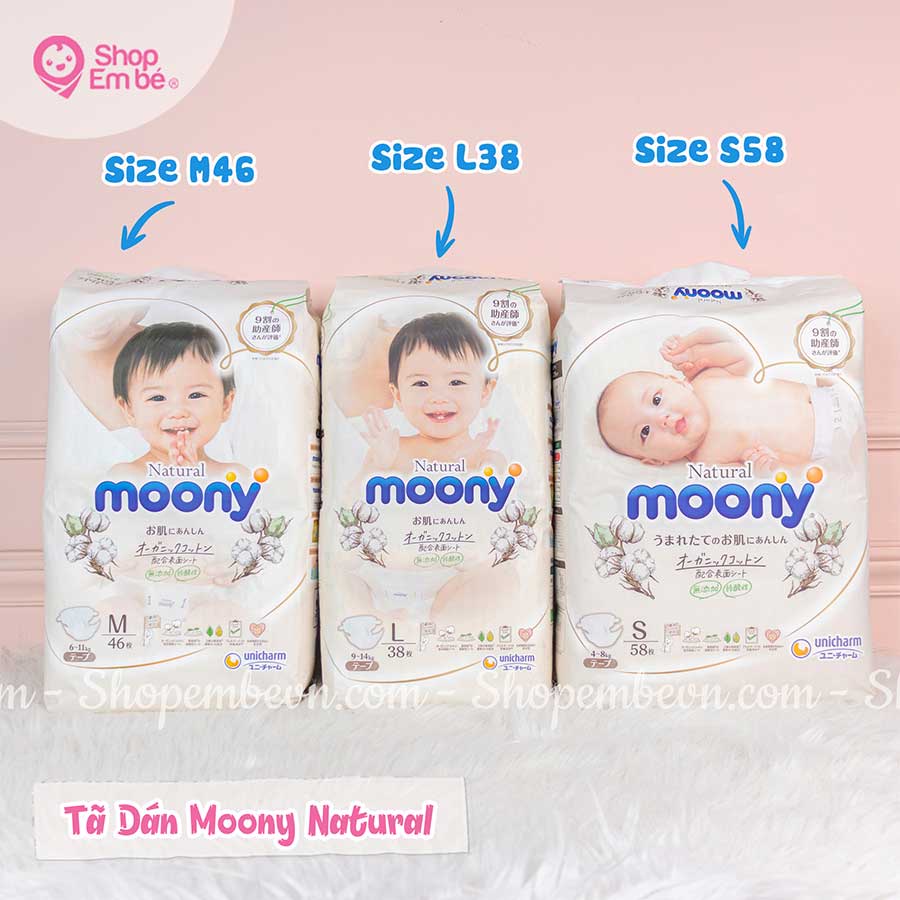 Tã Moony Natural siêu cao cấp, nội địa Nhật dán/quấn Size NB63/S58/M46/L36/L38/XL32 - Shop em bé