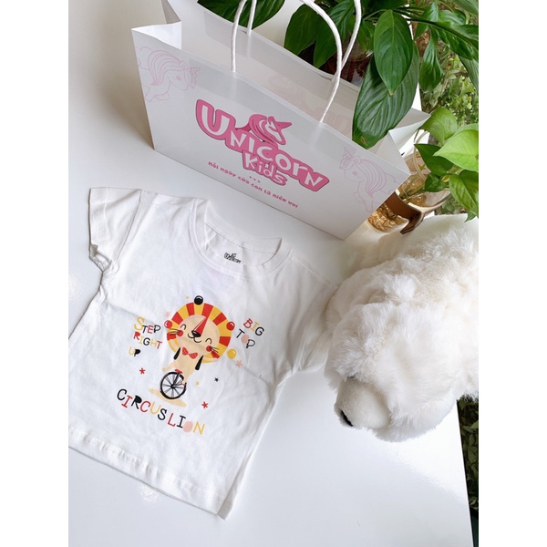 Áo phông cộc tay bé gái bé trai Unicorn Kids hình hổ bé làm xiếc 100% cotton, từ 1- 5 tuổi cân nặng từ 8.5 - 22kg