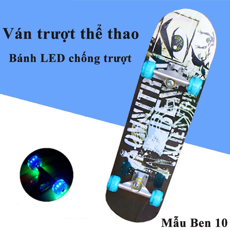 Ván Trượt Skateboard Người Lớn Thể Thao Gỗ Phong Cao Cấp Siêu Bền Mặt Nhám Bánh Cao Su LED Chống Trượt Siêu Đẳng Ván Đẹp