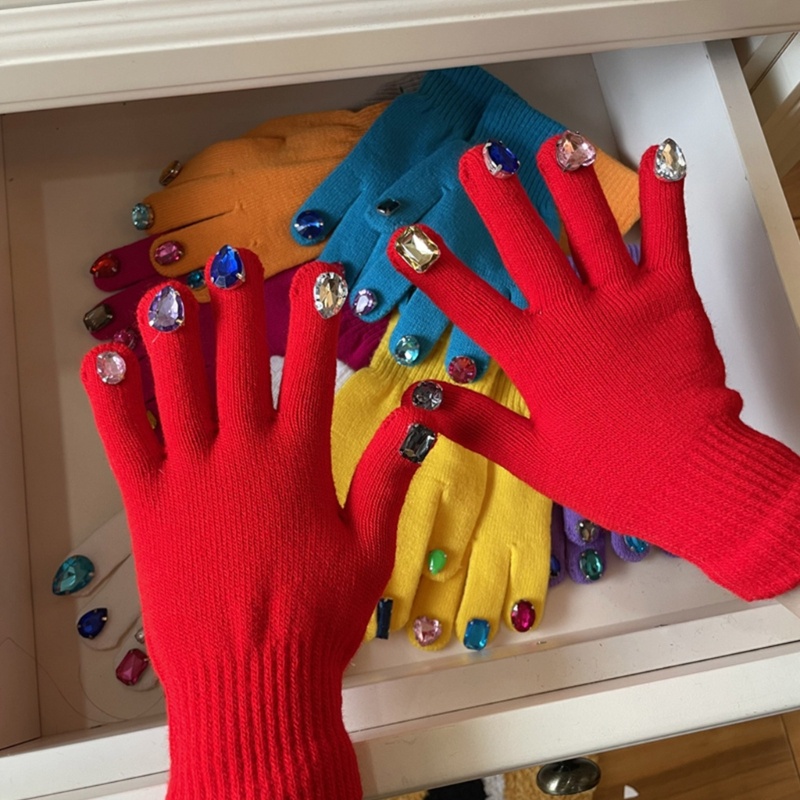 Găng Tay Dệt Kim Dày Dặn Màu Trơn Đính Đá Trang Trí Móng Tay Dễ Thương Cho Nữ