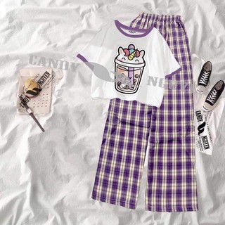 Bst áo thun croptop viền tím trà sữa + quần kẻ caro tím ống rộng
