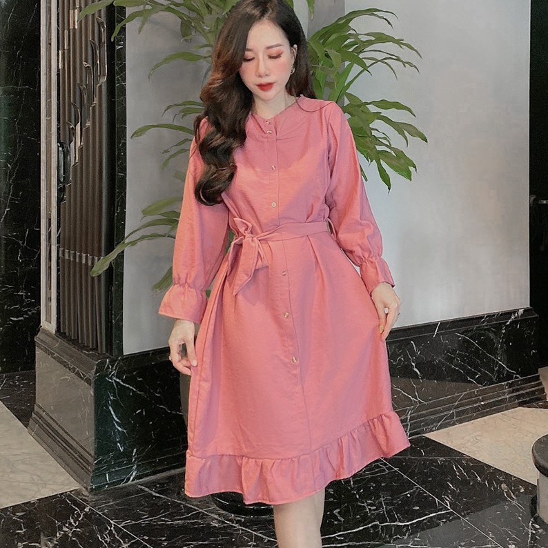 váy suông tay bo dài tay cổ tròn thắt nơ đuôi cá chất nhung tăm xinh xắn