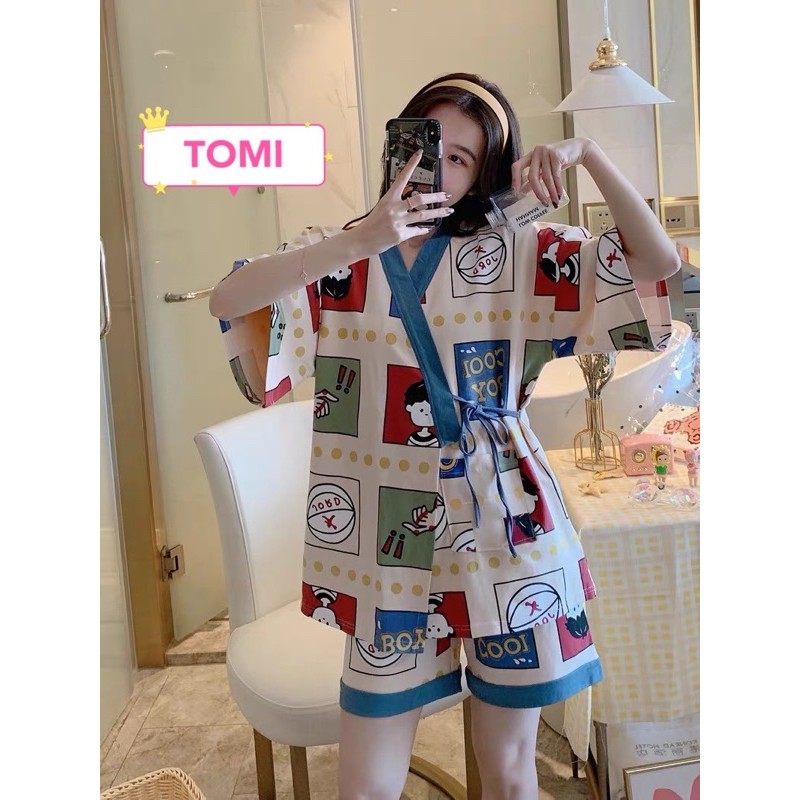 Bộ ngủ KIMONO, bộ pijama nữ buộc dây hình cậu bé ngắn tay - TOMI BOUTIQUE