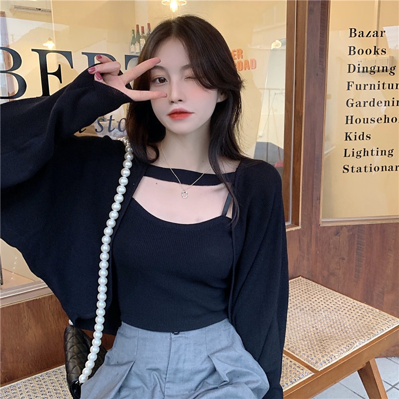 SUXI  Bộ áo kiểu tanktop + áo khoác cardigan tay dài dệt kim phong cách Hàn Quốc thời trang