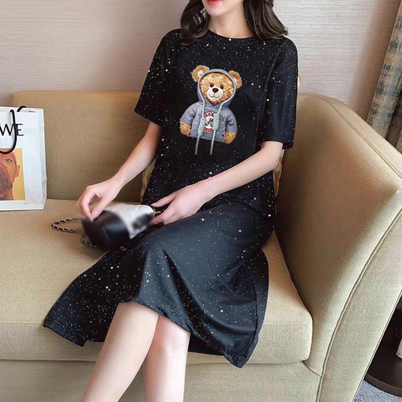 Korean Style Women Cartoon Print O-Neck Loose Casual T Shirt Dresses