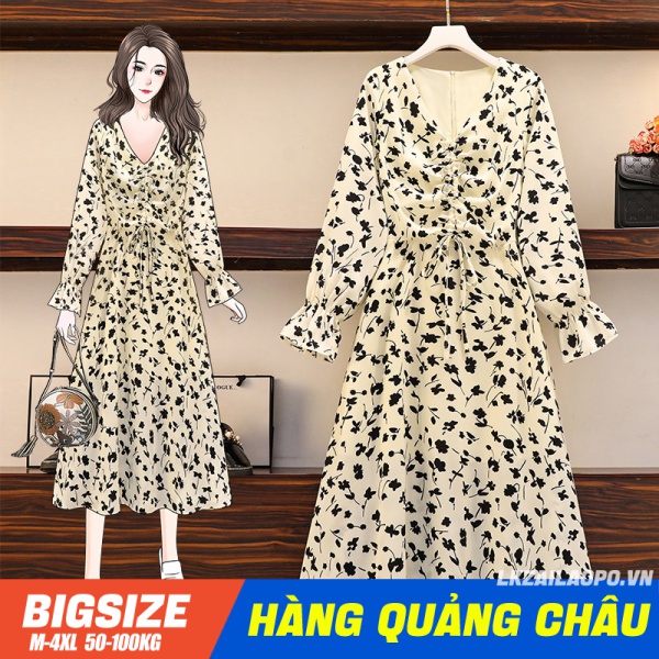 Đầm ⚡️𝐁𝐈𝐆𝐒𝐈𝐙𝐄⚡️ Váy nữ voan dài qua gối tay dài cổ chữ v che bụng mỡ ôm eo Phong cách Hàn Quốc Thời Trang cá tính xinh đẹp quảng châu cao cấp