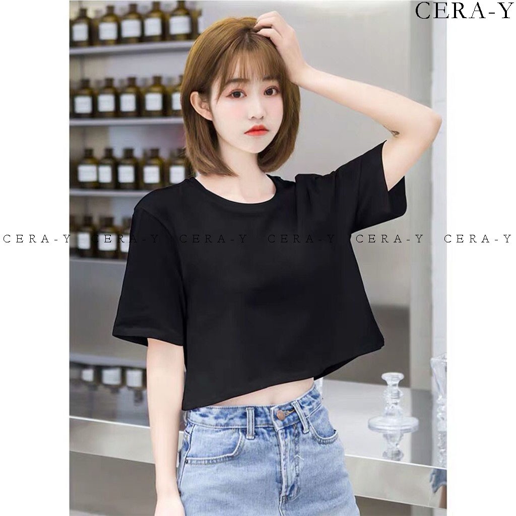 Áo thun form rộng croptop CERA-Y màu đen CRA001