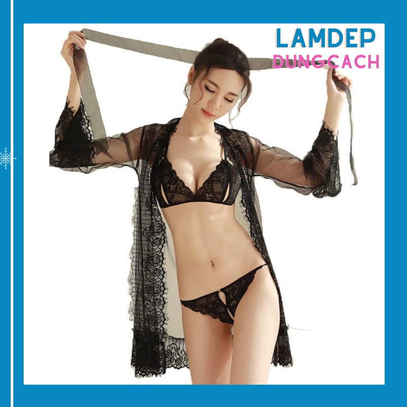 Set ngủ ren sexy áo choàng ngủ ren xuyên thấu kèm chip lọt khe và áo ngực ren