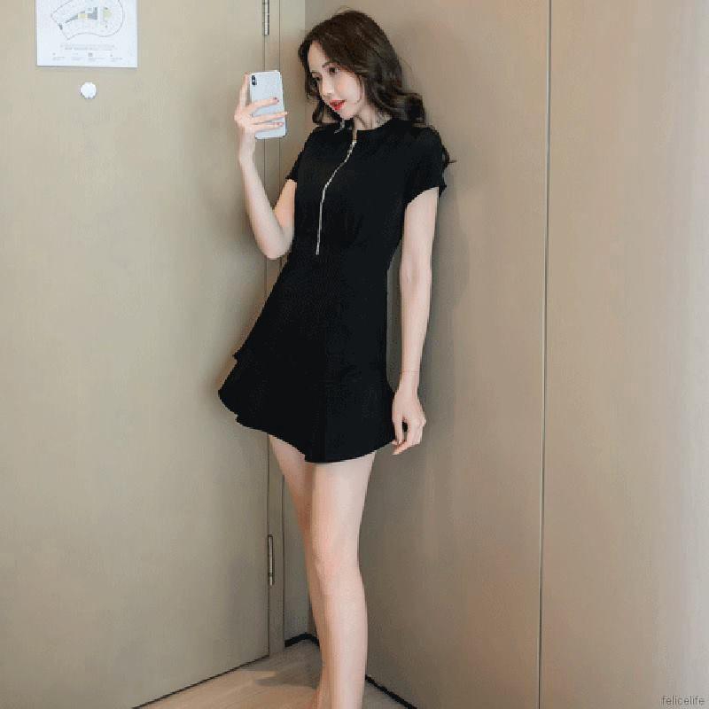 Váy nữ mini lưng cao có dây kéo màu trơn