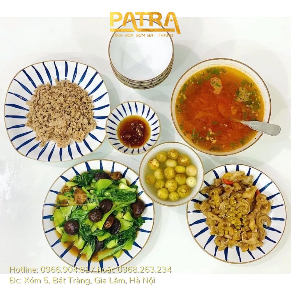 Bộ bát đĩa sứ Bát Tràng, bộ chén dĩa họa tiết lá trúc dài cao cấp 12 chi tiết, có bán các món lẻ