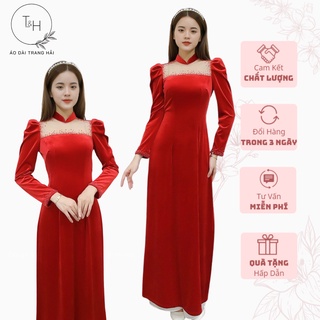 Áo dài nhung truyền thống tay dài bồng cổ hở cách điệu đính kết pha lê