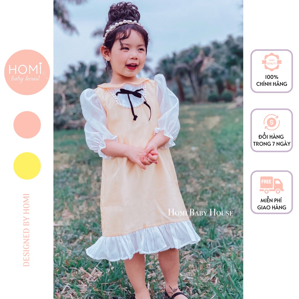 Đầm công chúa HOMI BABY HOUSE váy bé gái công chúa tay dài nơ đen màu hồng/vàng