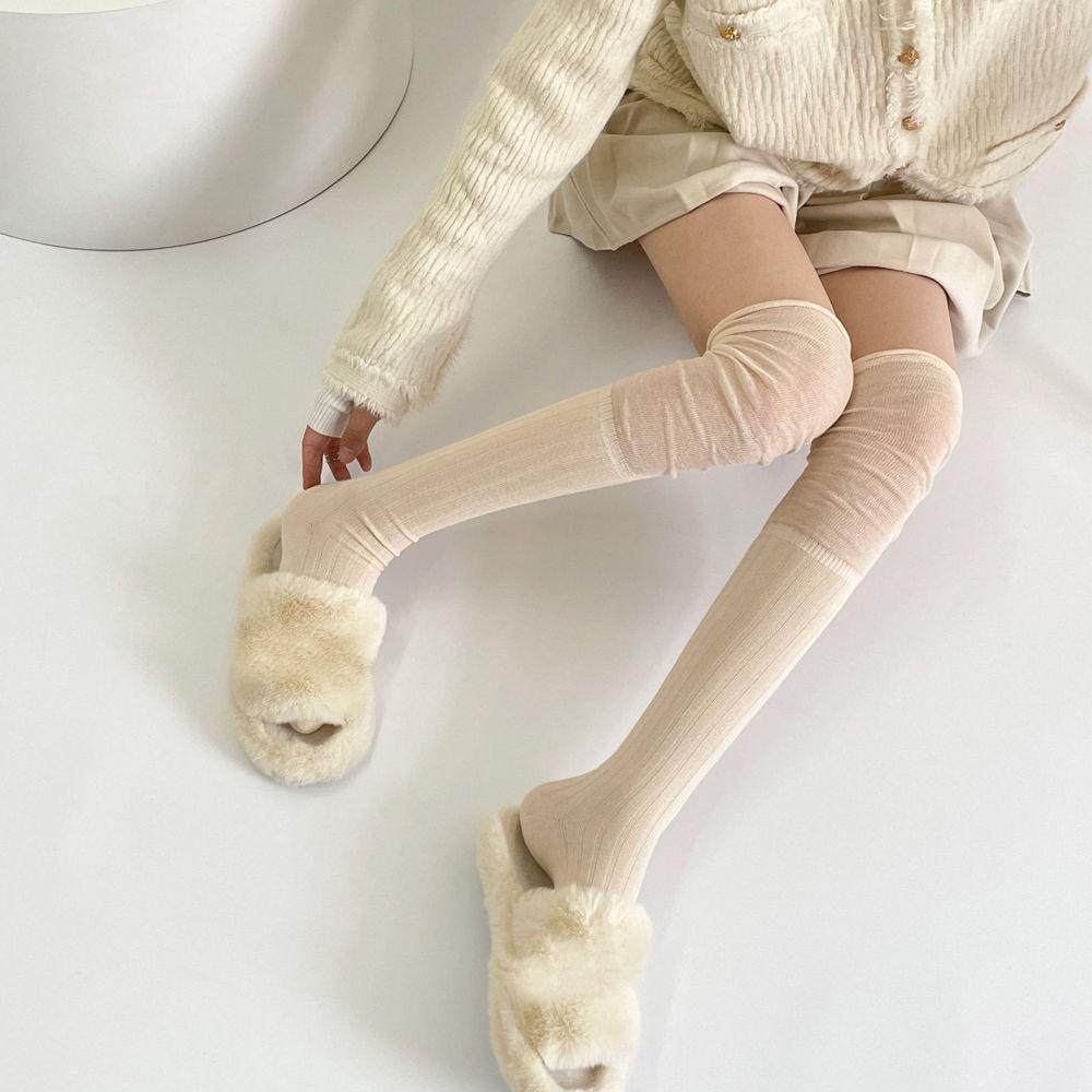 Vớ Cotton Dài Qua Gối Phối Lưới Thiết Kế Đơn Giản Thời Trang Retro