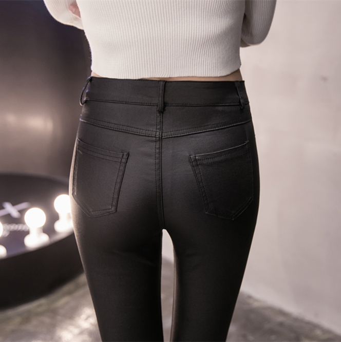 Quần Legging Bằng Da Lưng Cao Ôm Dáng Hai Hàng Nút Thời Trang Cho Nữ