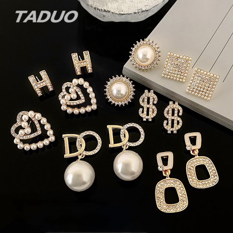 Đôi hoa tai hình chữ cái đính ngọc trai giả thời trang dành cho nữ