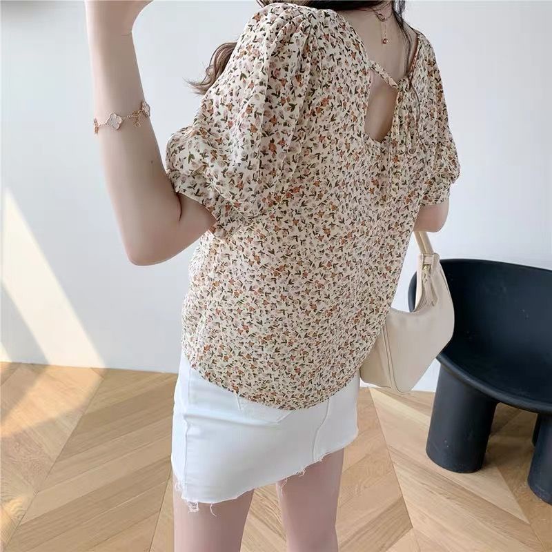 ❤️❤️Áo Sơ Mi Chiffon Tay Ngắn Cổ Chữ V Phối Dây Rút In Họa Tiết Hoa Nhí Xinh Xắn Thời Trang Phong Cách Hàn Quốc Cho Nữ