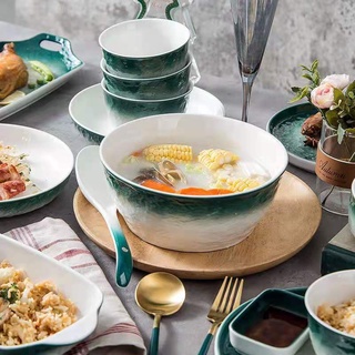 (LẺ MÓN) Bát đĩa sứ vân đá màu xanh lá ombre độc đáo p/c Bắc Âu - Sứ cao cấp chống xước