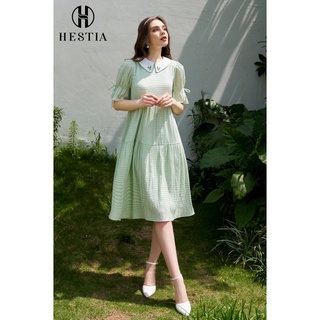 Đầm xanh dáng xuông babydoll đính đá cổ phối trắng 2VA0021 HESTIA DESIGN