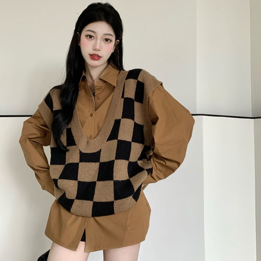 Set áo sơ mi tay dài dáng rộng phong cách retro + áo ghi lê thời trang mùa thu mới 2021 (có bán lẻ)