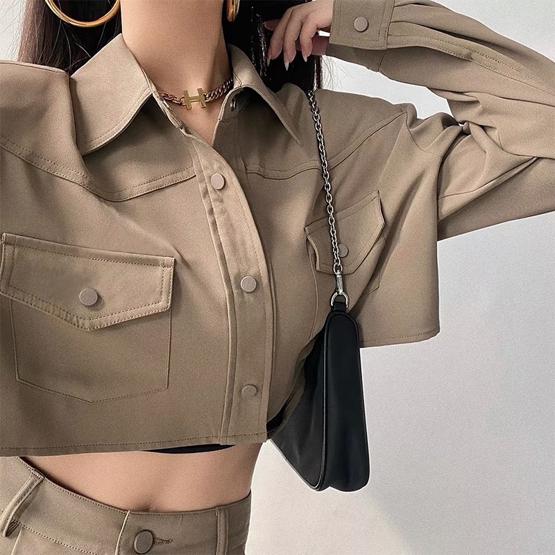 Set áo khoác somi sơmi sơ mi croptop tay dài quần âu cạp cao ống dài rộng phủ giày bấm khuy