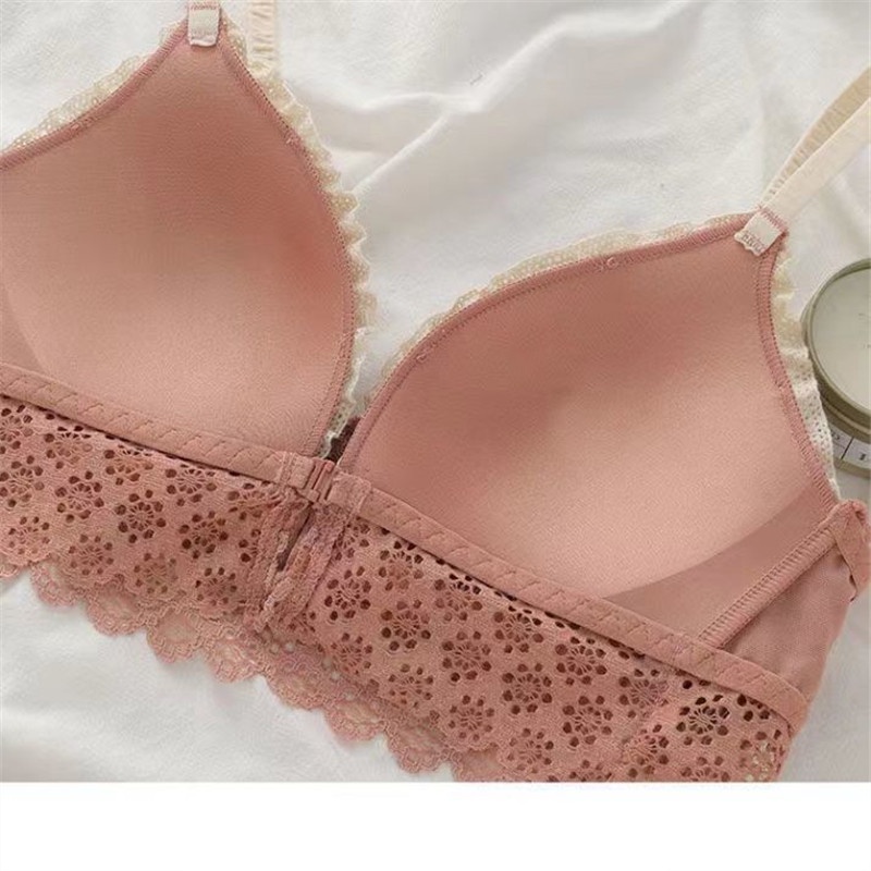 Set Áo Lót Ren Mềm Mại Cài Khóa Trước + Quần Lót Nâng Ngực Không Đường May Quyến Rũ Cho Nữ