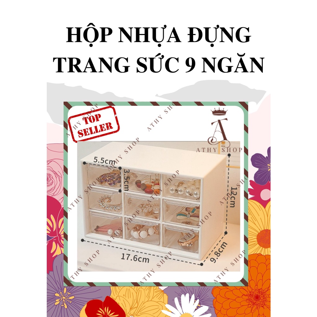 HỘP NHỰA ĐỰNG TRANG SỨC 9 NGĂN, hộc đựng mỹ phẩm, để bông tai nhẫn lắc trang trí bàn trang điểm