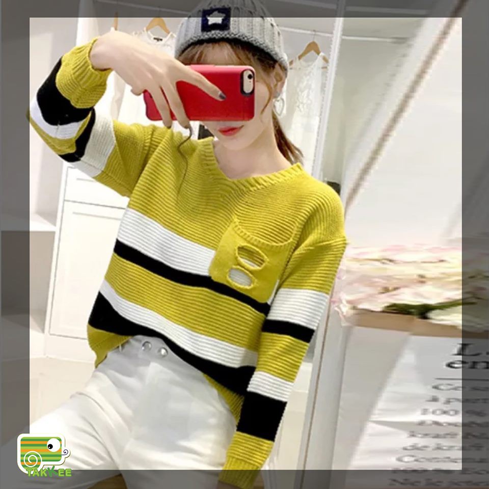 ÁO THU ĐÔNG ÁO LEN THỜI TRANG NỮ HỌA TIẾT KẺ NGANG PHONG CÁCH HÀN QUỐC