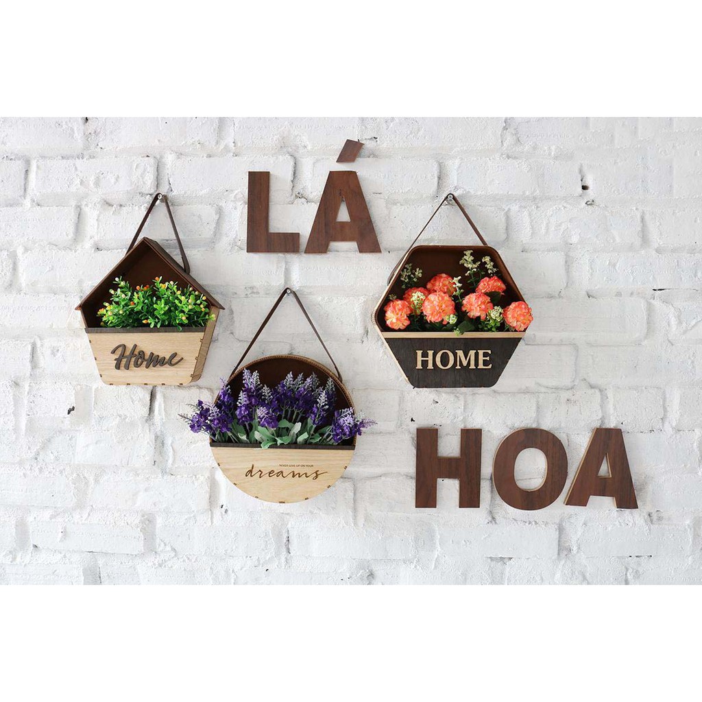 Giỏ hoa gỗ kèm hoa treo tường trang trí decor nhà cửa