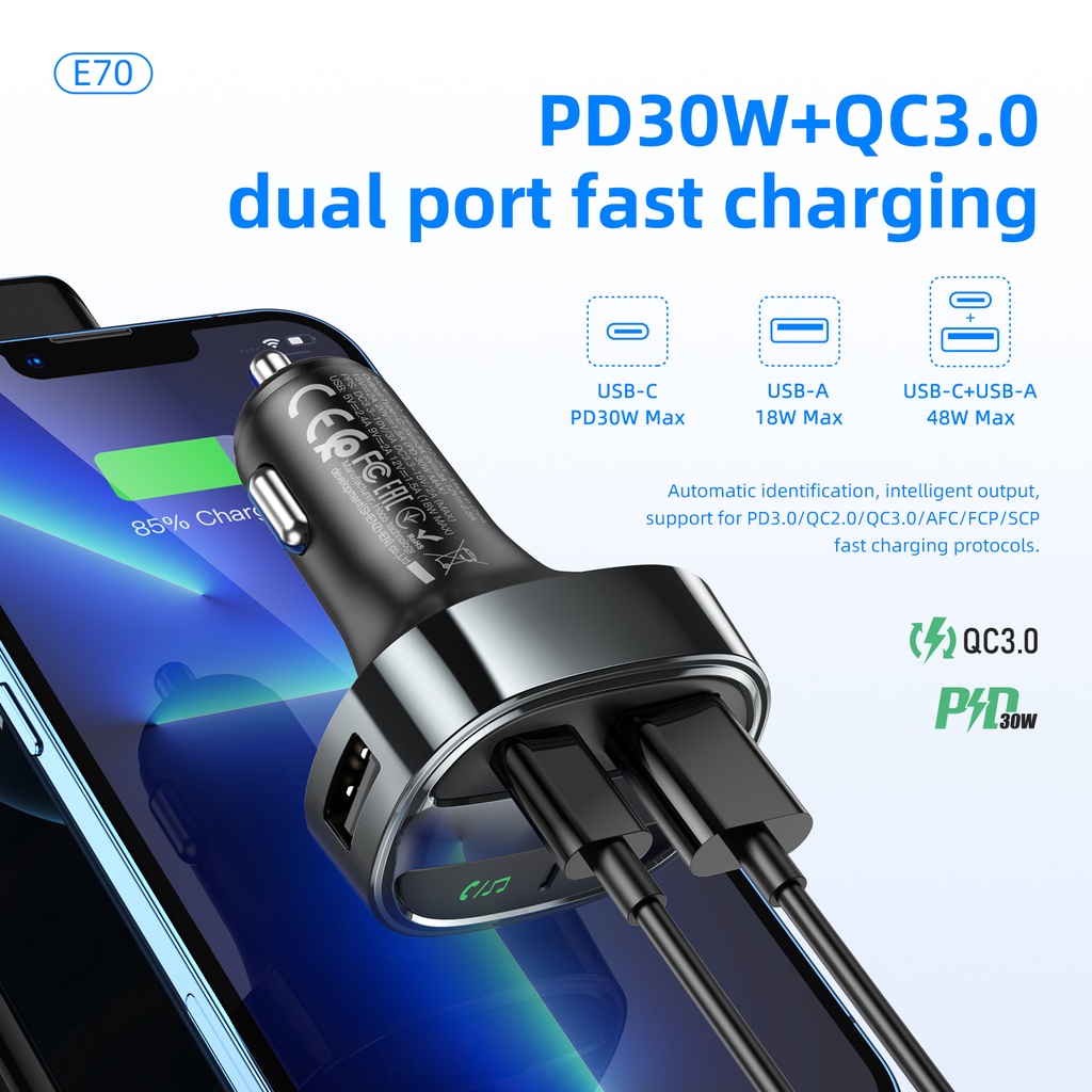 Bộ sạc xe hơi HOCO. E70 Bluetooth 5.0 không dây màn hình LCD QC3.0 PD30W thiết kế hỗ trợ nghe nhạc MP3 thẻ TF U disk AUX