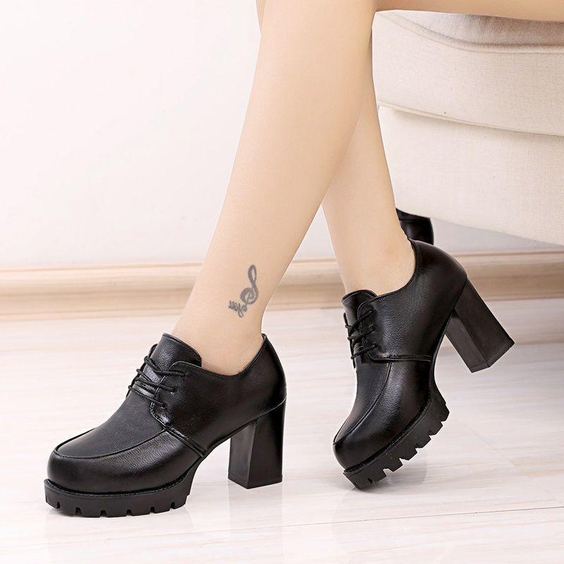 Giày boot nữ oxford nữ đế vuông 7 phân cột dây trơn cao cấp, bốt nữ gót vuông phong cách Korea S084