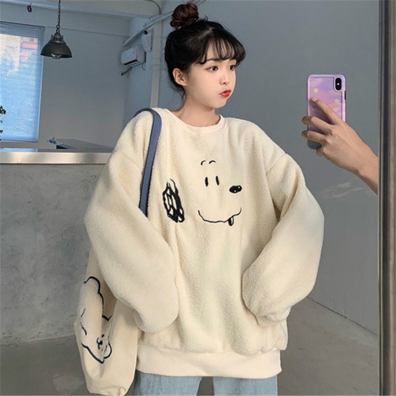 Áo Hoodie Bằng Lông Cừu Dày Tay Dài Dáng Rộng Rãi Phong Cách Thời Trang Hàn Quốc Dành Cho Nữ