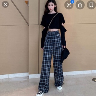 Quần ống rộng kẻ caro dài